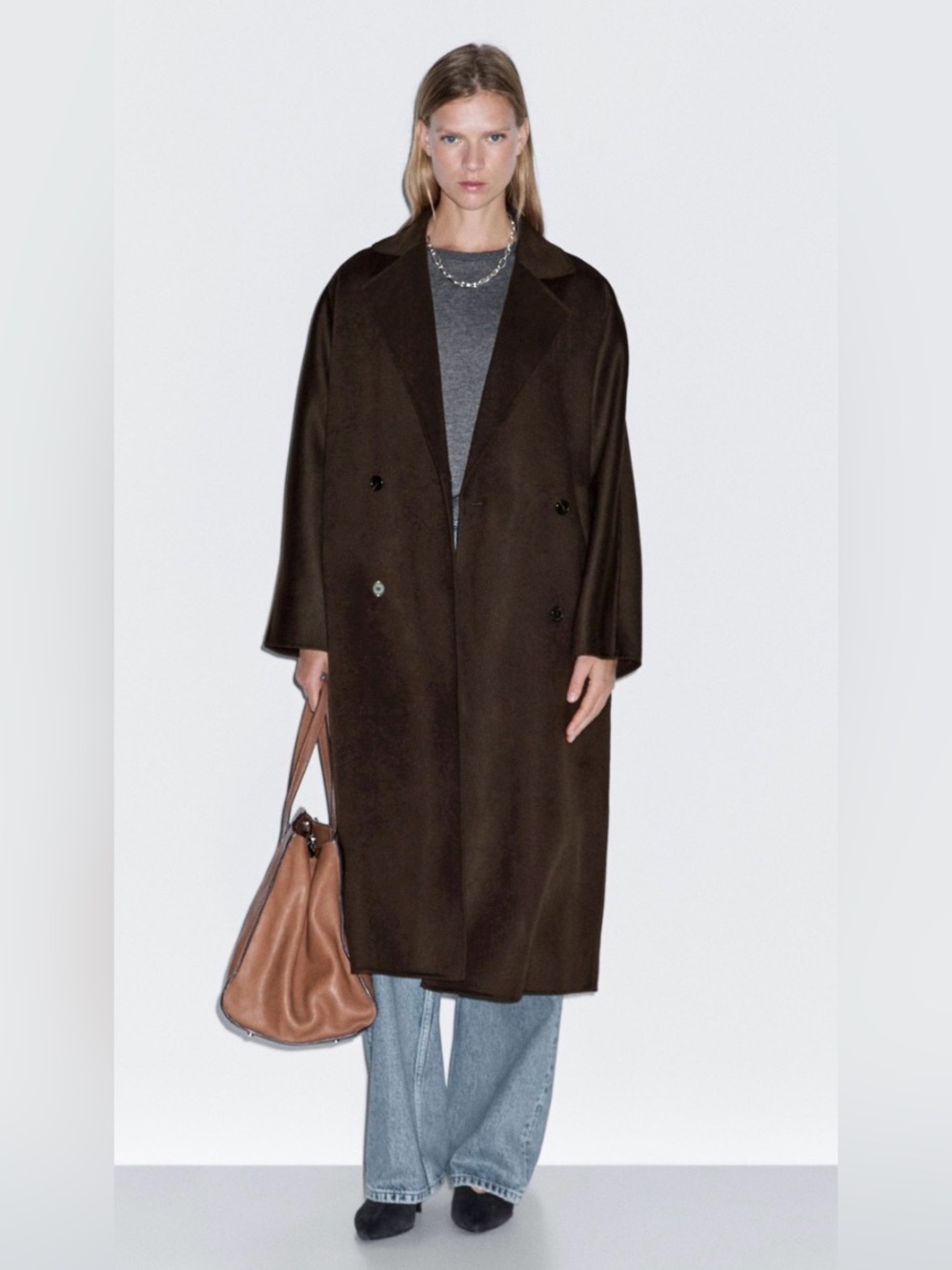 Massimo Dutti Dark Brown Double-Breasted Wool Pea Coat